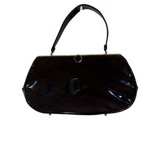 Vintage 1950/60's Large BLACK Vinyl Top Handle Purse/Bag Satchel Clasp Lock